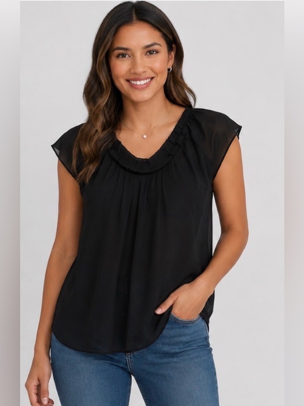 Joe Fresh Black Tie-Back Ruffle V-Neck Blouse Size Medium